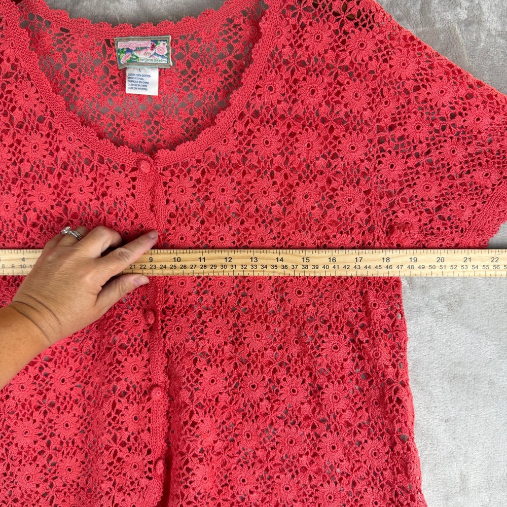 vintage Crochet Cotton Cardigan April Cornell Pink Floral Short Sleeve Button L - Picture 6 of 8